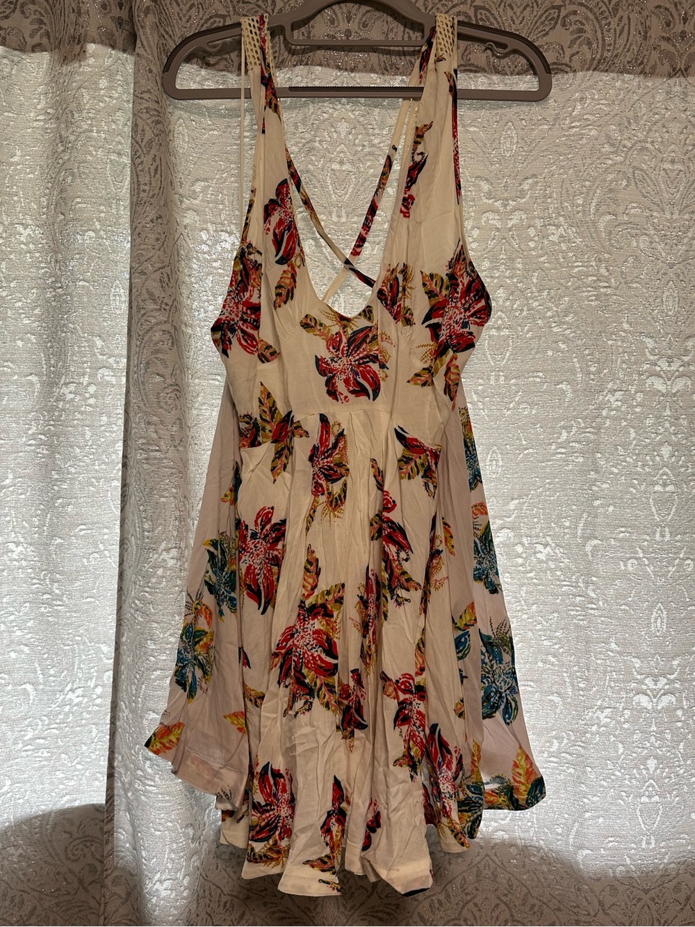 Free People White Floral Mini Slip Dress/Tunic with Red, Yellow, Blue Accents